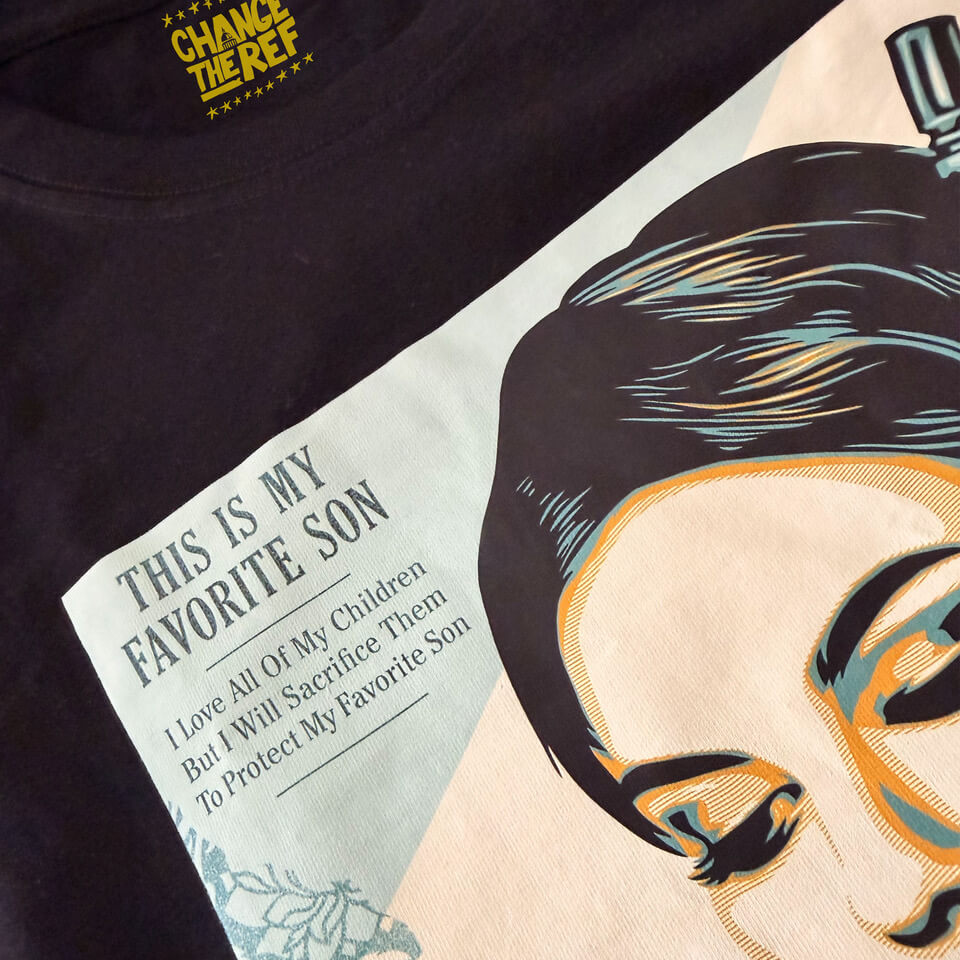 Close-up of the My Favorite Son shirt showing the illustrated portrait and This Is My Favorite Son message