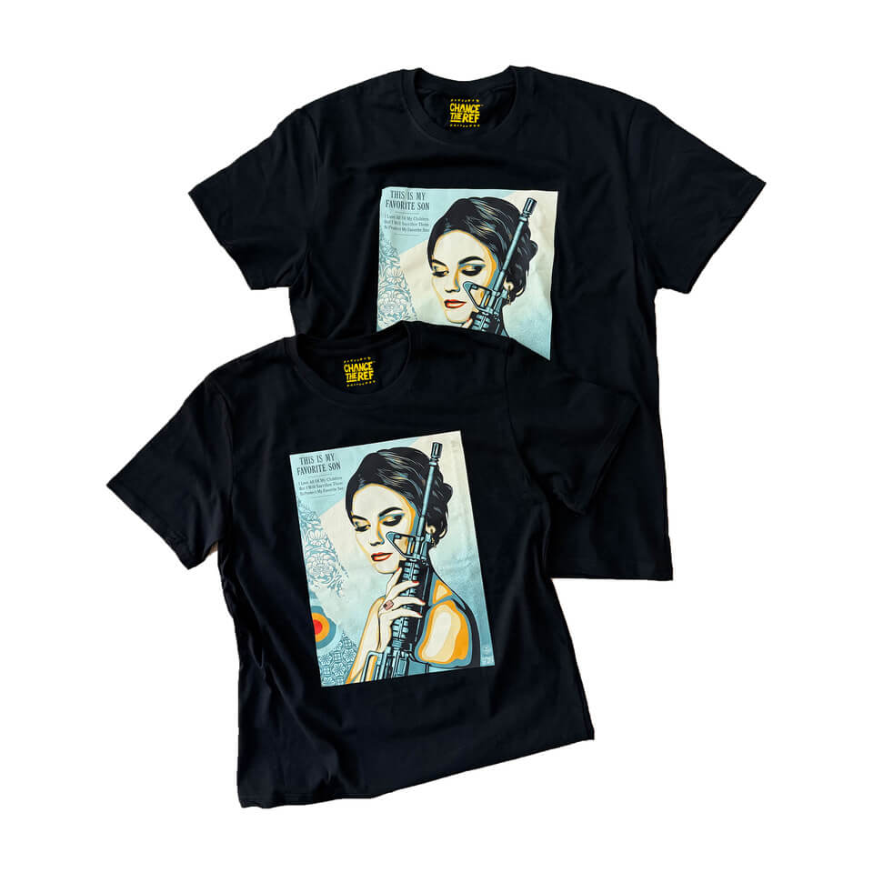 Two black My Favorite Son T-shirts featuring Shepard Fairey artwork for Change the Ref displayed together on a white background