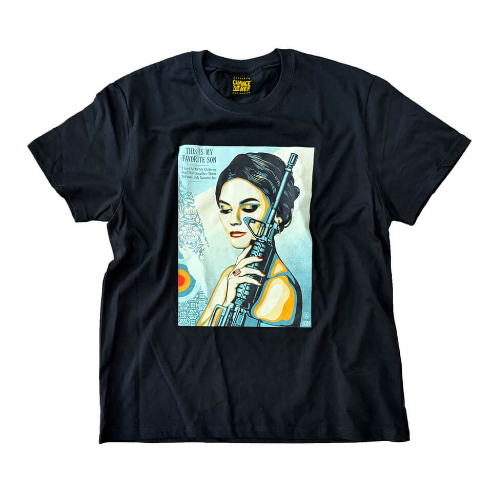 Black My Favorite Son T-shirt with Shepard Fairey illustrated woman and rifle graphic printed on the front